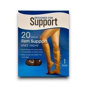 A blue and beige box of Firm Support Knee Highs, 20 Denier, showing an image of a woman’s legs wrapped in an orange spiral, emphasizing graduated compression for tired legs.