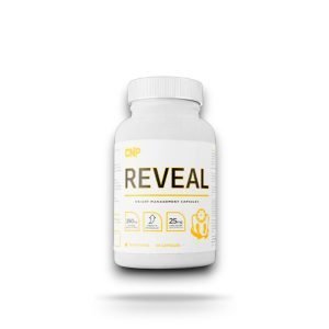 A white bottle of CNP Reveal Weight Management Capsules with black and gold lettering. The label highlights key ingredients, including 250mg of green tea extract and 25mg of grains of paradise, designed to support energy and metabolism. The bottle contains 60 capsules, equating to 30 servings.