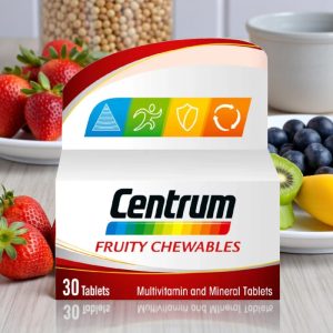 Centrum Fruity Chewables multivitamin box with red and white packaging, highlighting energy release, immunity support, and citrus berry flavour.
