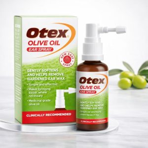 Otex Olive Oil Ear Spray 10ml bottle with white and green packaging, showing “Otex Olive Oil Ear Spray” text and fine spray nozzle designed to soften and remove earwax naturally.