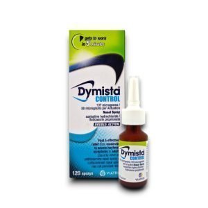 A box and bottle of Dymista Control Nasal Spray, containing azelastine hydrochloride and fluticasone propionate. The packaging highlights its fast-acting double-action formula for hayfever relief, stating it works in 5 minutes. Includes a brown bottle with a white spray nozzle.