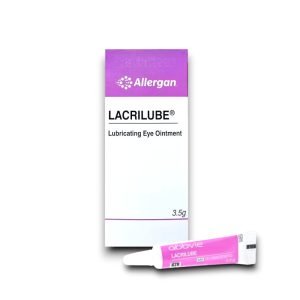 Box and tube of Allergan Lacrilube Lubricating Eye Ointment (3.5g), designed for relieving dry eyes. The packaging features a white and purple color scheme with the AbbVie logo on the tube.