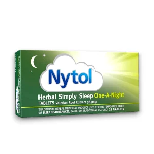 Nytol Herbal Simply Sleep One-A-Night Tablets box with a green and yellow gradient background. The 'Nytol' logo is inside a white cloud with a crescent moon and stars in the top left corner. The packaging highlights that the tablets contain 385mg of valerian root extract and are designed for the temporary relief of sleep disturbances based on traditional use. The box contains 21 tablets.