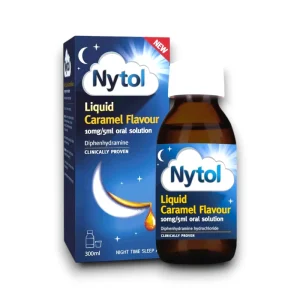 Nytol Liquid Caramel Flavour 10mg/5ml oral solution in a brown glass bottle with a white cap, alongside its blue packaging box. The box features a crescent moon dripping caramel with stars in the background. The 'Nytol' logo is inside a white cloud. The packaging highlights that the product contains diphenhydramine hydrochloride, is clinically proven, and is designed for nighttime sleep support. The bottle size is 300ml.