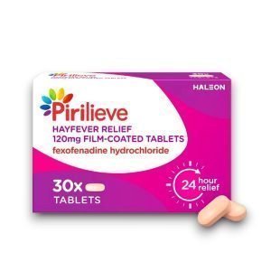 A pink and white box of Pirilieve Hayfever Relief 120mg film-coated tablets, containing fexofenadine hydrochloride. The packaging highlights "24-hour relief" and includes an image of two beige tablets beside the box.