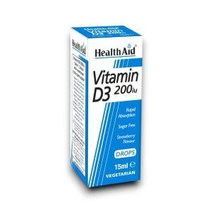 A blue and white box of HealthAid Vitamin D3 200 IU in 15ml liquid drops format. The label highlights features such as rapid absorption, sugar-free formula, and strawberry flavour. Suitable for vegetarians.