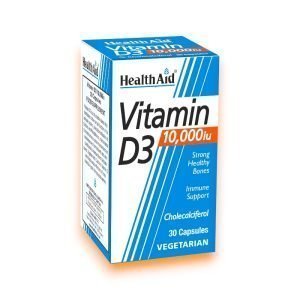 HealthAid Vitamin D3 10,000 IU Capsules – A blue and white box of HealthAid Vitamin D3 10,000 IU, featuring 30 vegetarian capsules. The packaging highlights benefits such as strong healthy bones and immune support, and includes the active ingredient cholecalciferol.