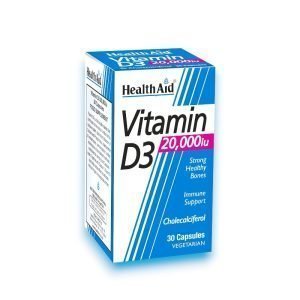 HealthAid Vitamin D3 20,000 IU Capsules – A blue and white box of HealthAid Vitamin D3 20,000 IU, containing 30 vegetarian capsules. The packaging highlights benefits such as strong healthy bones and immune support, and includes the ingredient cholecalciferol.