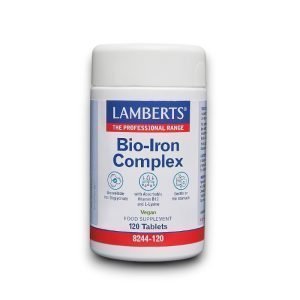 Lamberts Bio-Iron Complex – 120 vegan tablets with bioavailable iron bisglycinate, vitamin B12 and L-lysine, gentle on the stomach.