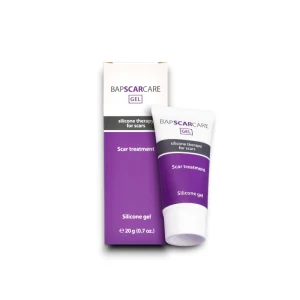 A box and tube of Bapscarcare Gel, a silicone-based scar treatment. The packaging is purple and white, labelled for use in silicone therapy for scars. The tube is slightly tilted and placed in front of the box.