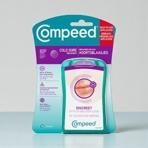 Compeed Cold Sore Patches box in white and red packaging showing “Cold Sore Patch” text, 15 transparent hydrocolloid patches for lips and cold sore protection.