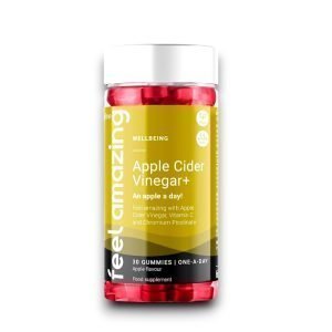 Feel Amazing Apple Cider Vinegar+ Gummies, 30-count bottle with apple flavour, containing Apple Cider Vinegar, Vitamin C, and Chromium Picolinate. Vegan and halal certified.