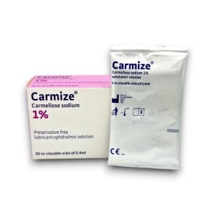 Packaging of Carmize Carmellose Sodium 1% preservative-free lubricant ophthalmic solution, showing a white and pink box containing 30 re-closable vials of 0.4ml and a white foil pouch labeled with product details and storage symbols.