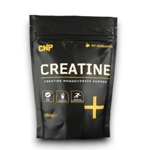 Black sealbag of CNP Creatine Monohydrate Powder with bold yellow and white text, highlighting features such as 100% purity, easy mixability, increased performance, 50 servings, and 250g content.