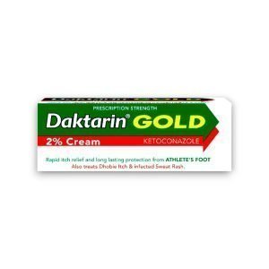 Packaging of Daktarin Gold 2% Cream featuring prescription strength ketoconazole, designed for rapid itch relief and long-lasting protection from athlete's foot. The box highlights additional uses for Dhobie Itch and infected sweat rash, with bold green, red, and yellow branding.