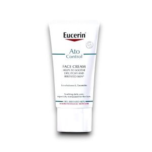 Eucerin AtoControl Face Cream in a white tube with a flip cap, designed to soothe dry, itchy, and irritated skin. The packaging highlights ingredients like Licochalcone A and ceramides and is labelled as dermatological skincare for dry, irritated skin