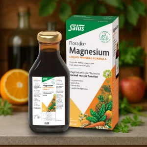 Bottle and box of Floradix Magnesium Liquid 250ml. Packaging in white and orange with green details, labelled “Floradix Magnesium Liquid”. Pleasant-tasting magnesium supplement with fruit juices and herbs, suitable for vegetarians.