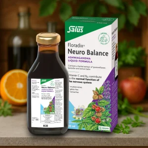 Bottle of Floradix Neuro Balance Ashwagandha Liquid 250ml with outer box packaging. The packaging is orange and red with white accents, showing the product name “Neuro Balance” and highlighting ashwagandha, passionflower, lavender, lemon balm, vitamin C and B12.