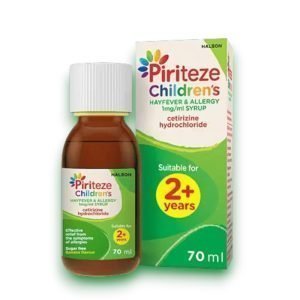 Piriteze Allergy Syrup 70ml bottle and packaging, containing cetirizine hydrochloride, suitable for children aged 2 years and over, with banana flavour and a sugar-free formula, featuring a smiling child on the box.