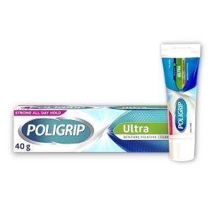 Poligrip Ultra Denture Fixative Cream 40g with strong all-day hold, zinc-free formula in green and blue packaging.