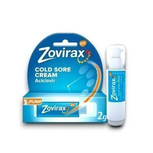 Packaging of Zovirax Cold Sore Cream featuring a 2g pump dispenser containing aciclovir. The design includes a bold blue and orange theme with the GSK logo, and highlights the twist-to-break seal pump format for easy application.