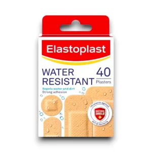 Elastoplast Water Resistant Plasters – breathable, water-repellent adhesive strips with strong adhesion for everyday wound protection.