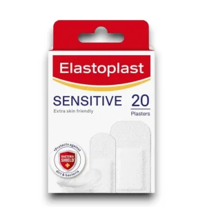 Elastoplast Sensitive Plasters – hypoallergenic, breathable adhesive strips designed for gentle protection of minor wounds on sensitive skin.