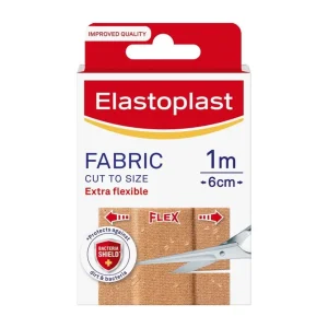 Elastoplast Fabric Plasters 10cm x 6cm – extra flexible, breathable, and water-repellent adhesive strips for reliable protection of minor wounds.