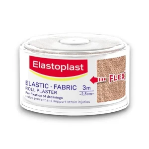 Elastoplast Elastic Fabric Roll Plaster 3m x 2.5cm – flexible, breathable adhesive tape for securing dressings and supporting minor injuries.