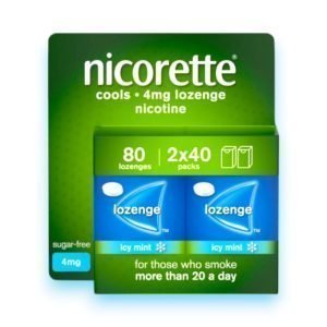 Nicorette Lozenges Cools and fruit flavour 2mg and 4mg – Mint Flavour, Pack of 40,80 & 160 Green and White Packaging with Nicorette Branding.