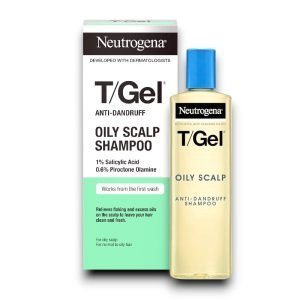 Neutrogena T/Gel Anti-Dandruff Oily Scalp Shampoo – 250ml blue and silver box with white text, for oily and flaky scalp conditions.