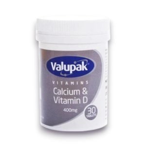 Valupak Calcium & Vitamin D 400mg Tablets – Blue and white packaging, 30 tablets, labelled for bone and teeth health support.