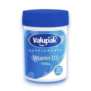 Valupak Vitamin D3 1000iu Capsules – Blue and yellow packaging, pack of 60 easy-to-swallow capsules, one-a-day vitamin D supplement