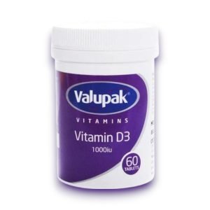 Valupak Vitamin D3 1000iu Tablets – Purple and white box, 30 tablets, labelled “Valupak Supplements” and “Vitamin D3 1000 IU” in bold text.