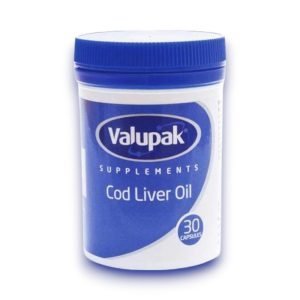 Valupak Cod Liver Oil Capsules – Blue and silver box with yellow capsule image, text reads “Cod Liver Oil”, pack of 30 capsules.