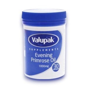 Valupak Evening Primrose Oil 1000mg Capsules – Blue and yellow box, 30 capsules per pack, women’s health supplement with natural GLA.