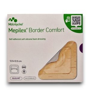 Mepilex Border Comfort foam dressing, self‑adherent, five‑layer with Safetac®, flexible border, for moderate to high exuding wounds.