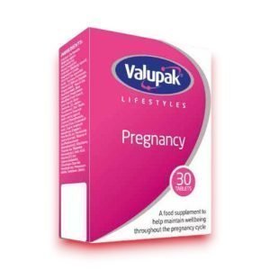 Valupak Pregnancy Tablets – Purple and white box, text reads “Pregnancy” with 30 tablets per pack, suitable for vegetarians.