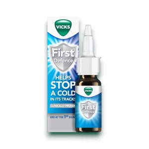 Vicks First Defence Nasal Spray 15ml bottle with applicator nozzle.