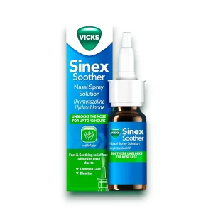 15ml Bottle of Vicks Sinex Soother Nasal Spray with soothing aloe vera for nasal congestion relief.