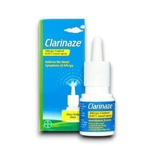 Clarinaze Allergy Control Nasal Spray – White and blue packaging with orange accents, 140 spray metered dose, 50 micrograms per spray, OTC allergy relief.