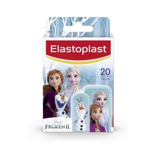 Elastoplast Disney Frozen Plasters, pack of 20 assorted strips – water‑resistant, skin‑friendly, pain‑free removal with Elsa, Anna, and Olaf designs for minor wound protection.