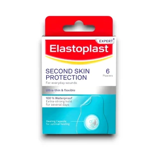 Elastoplast Second Skin Advanced Hydrocolloid Plasters, ultra‑thin waterproof dressings 6 pack, for healing cuts and blisters with 72‑hour protection.