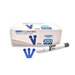 GlucoRx Lancets 200‑pack with lancing device – sterile 30G single‑use lancets for glucose testing.