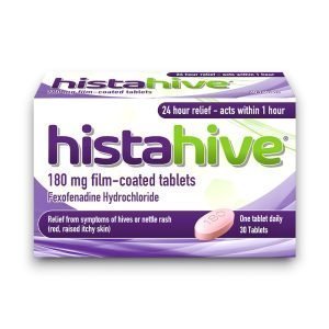 Histahive Fexofenadine 180mg Tablets – Yellow and white box with purple text, pack size 30 tablets, non-drowsy allergy and hives relief medicine.