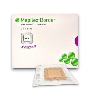 Mepilex Border Dressing six-layer foam bordered wound dressing, various shapes, self-adherent Safetac® layer, for acute and chronic exuding wounds.