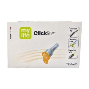 MyLife Clickfine Pen Needles 4–8 mm, box of 100 ultra-thin, latex-free needles with 6-bevel diamond tip and colour-coded shields for smooth insulin pen injections.
