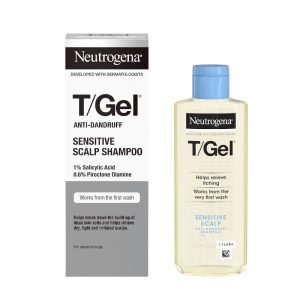 Neutrogena T/Gel Anti-Dandruff Sensitive Scalp Shampoo – Fragrance-Free – Blue and White Bottle – 150ml Pack.