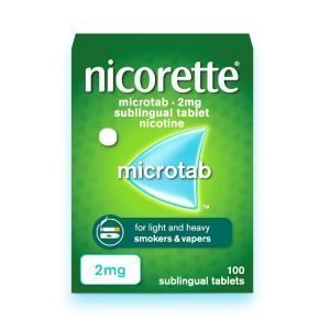 Nicorette Microtab 2mg – Green and white packaging with text “Nicorette Microtab 2mg” and 100 tablet pack.