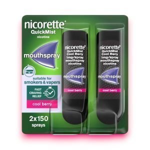 Nicorette QuickMist Mouthspray 1mg – berry Flavour, Green and Silver Packaging, 2 x150 Sprays, Fast Craving Relief for Smoking and Vaping.